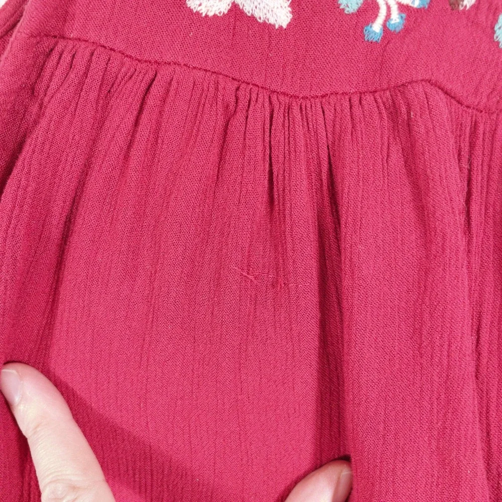 Free People Te Amo Red Embroidered Bell Sleeve Dress Women Size M Boho Hippie